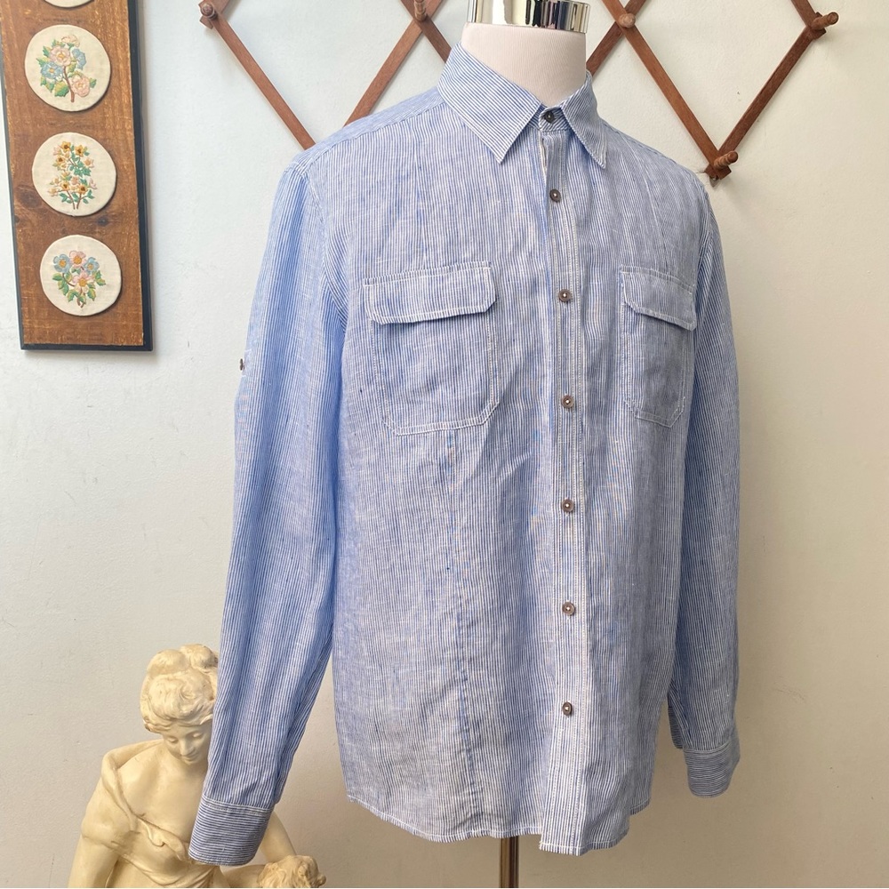 Elie Tahari Linen Pinstriped Button Up Shirt With Pockets - Picture 9 of 16